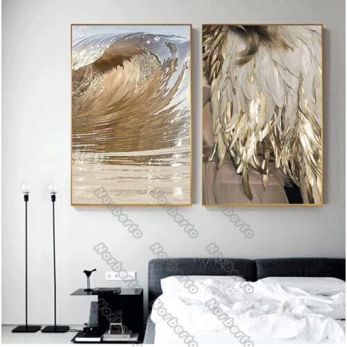 Modern Abstract Style Canvas Painting Wall Poster Black and Gold Feathers Sweeping Across The River for Home Rooms Wall Decorati