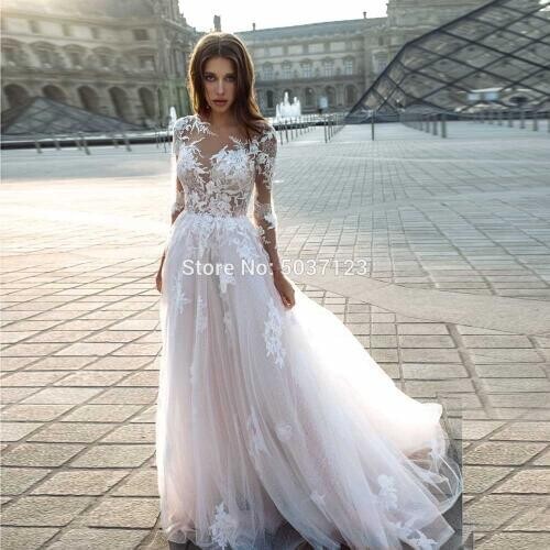 Long Sleeves A Line Wedding Dresses Scoop Lace Appliques Bridal Wedding Gown Mariage Vestido De Noiva Button Illusion