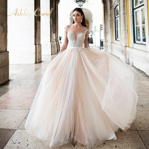Ashley Carol Backless Appliques A-Line Wedding Dress 2021 Beaded V-neckline Sleeveless Chapel Train Bridal Gown Vestido de Novia