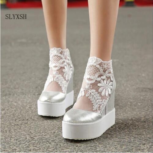 Fashion Sweet Lace Shoes Women Wedge Heels Platform Pumps High Heels Sandals zapatos plataforma mujer encaje 3 COLORS