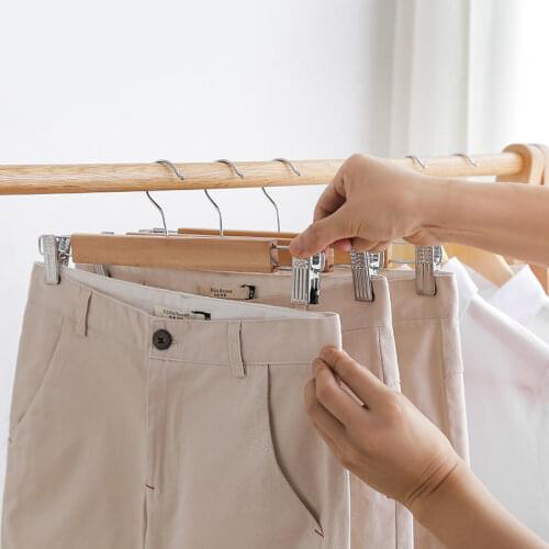 Wooden Skirt Hangers with Adjustable Clips (Pack of 5) Non-Slip Trouser Hanger Natural Finish Lotus Wood Pants hangers, 360 Deg