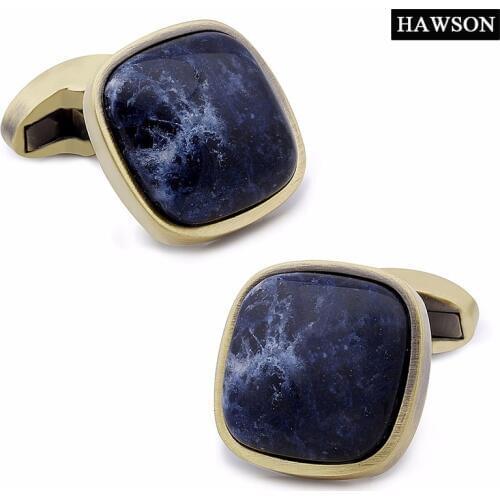 HAWSON Vintage Natural Stone Cufflinks for Men Square Antique Brass Mens Shirts Accessories Cuff Button Best Jewelry