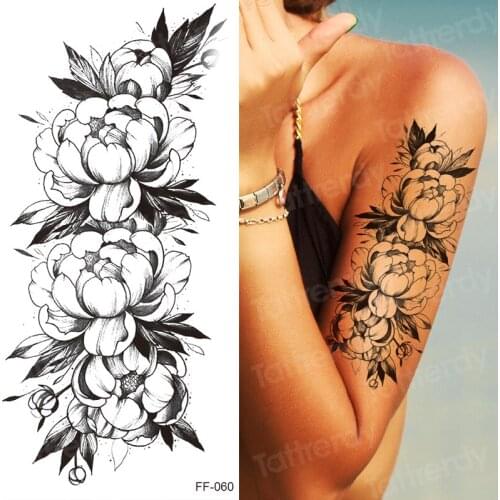Temporary tattoo flowers rose peonies women tattoo sticker black sketch fake henna tatto waterproof sexy for girls woman arm