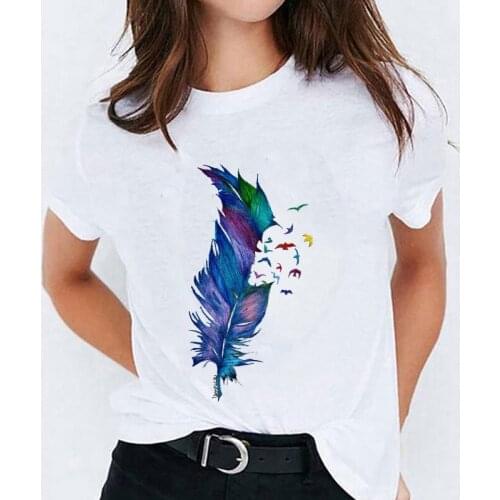 Women Graphic Feather Printing Fashion 90S Cute Watercolor Short Sleeve Lady Clothes Tops Tees Print Female Tshirt T-Shirt