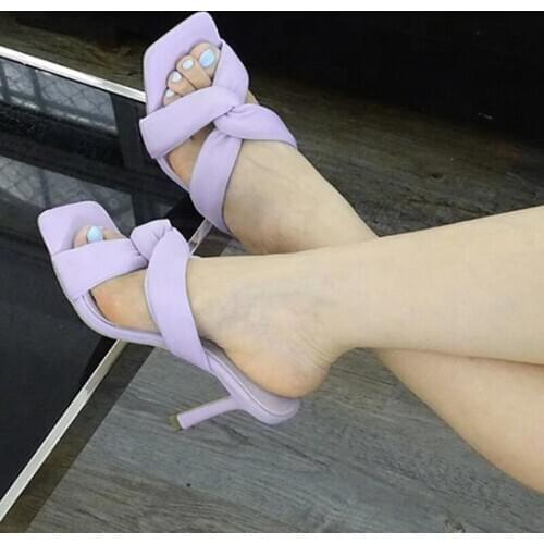 Womens PVC Cross Strap Sandals Thin Heels Sandals Open Pointed Toe Pumps Shoes Outdoor Beach Purple Ladies Slippers