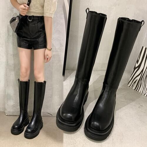 Chunky Platform Pu Leather Knee High Boots Women Shoes Woman Retro Punk Height Increasing Long Boots Lace Up Booties Mujer 2020