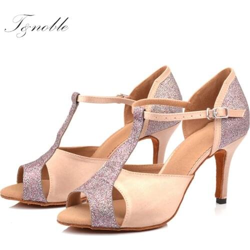 Womens Latin Dance Shoes Female High-heeled Soft Outsole Adult Ballroom Dancing Shoes Salsa Purple And Skin Tango Square Shoe