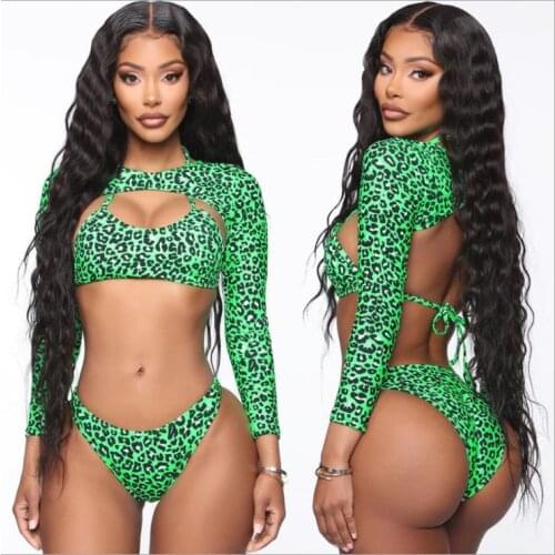 Swimwear Womens Sexy Three Piece Split Bikini Suits Personality Leopard Hollow Lace-up Top and Low Waist Trunks