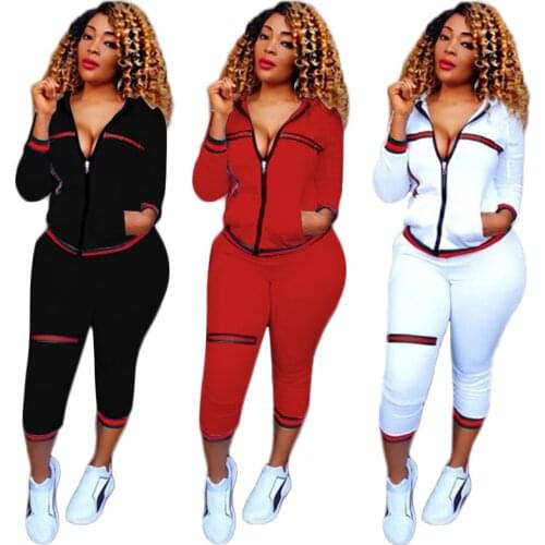2021 Autumn Womens Sportswear 2pcs Womens Hooded Long Sleeve Zip Crop Tops Long Pants Trousers Loose Casual Clothes Set