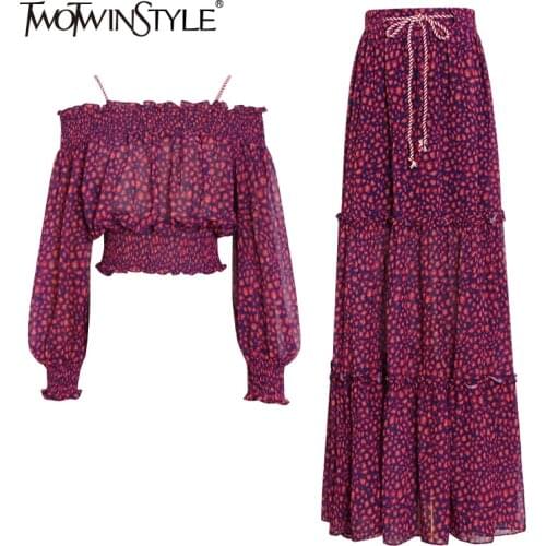 TWOTWINSTYLE Vintage Two Piece Set For Women Square Collar Lantern Long Sleeve Top Ankle Length Skirt Print Sets Female 2021 New
