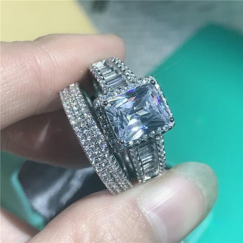 Vecalon baguettecut Promise Ring sets 925 Sterling silver Pave AAAAA cz Engagement wedding band Rings For Women Party Jewelry