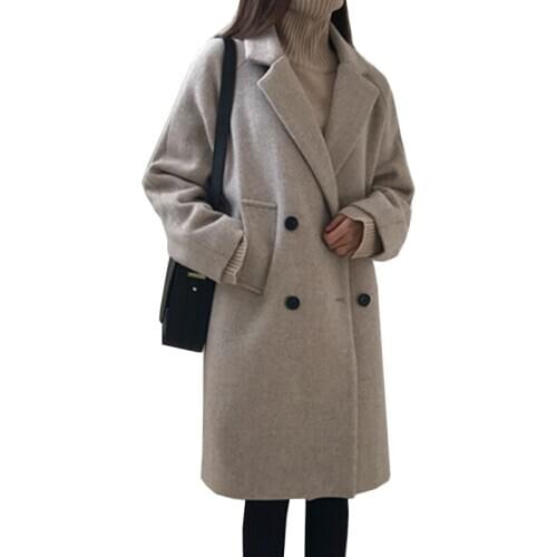Wool Blend Coat Women Long Sleeve Loose Outwear Long Jacket Korean Casual Autumn Winter Elegant Overcoat Woolen Coat Lu1394