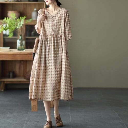 Johnature Women Vintage Shirt Dresses O-Neck Short Sleeve Button Robes Cotton Linen 2021 Summer New Loose Girl Polka Dot Dress