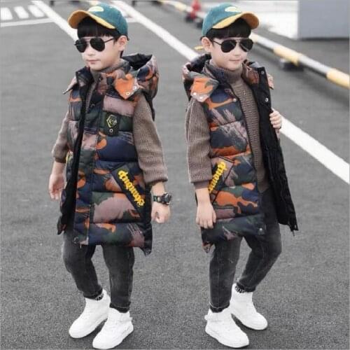 Winter Vest For Boy 5-13Y Children Hooded Warm Outerwear Kids Glossy Coat Sleeveless Jacket Padded Long Camouflage Waistcoat
