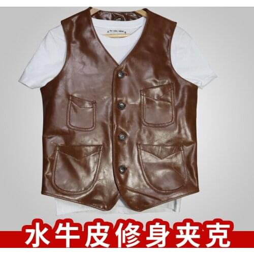2021 Mens Slant-Cut Bottom Fastener Decoration Oil Wax Cowhide Casual Vest New Brown Single-Breasted Leather Vest