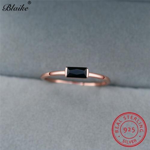 925 Sterling Silver Thin Ring With Stone Blue Black Zircon Small Rectangle Wedding Rings For Women Stacking Ring Fine Jewelry