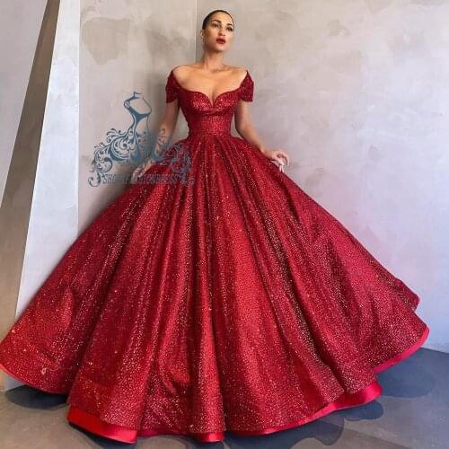 Shiny Burgundy Sequins Lace Prom Dresses Sweetheart Floor Length Ball Gowns Fashion Puffy Ruffles Party Dresses Robe De Soiree
