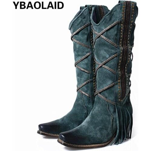 Pointed Toe Color Matching Frosted Cowhide Cross-leather Strappy Boots Made Old Tassels Rivets Retro Female Knight Boots