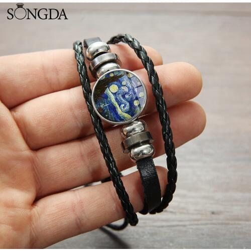 Van Gogh Art Painting Bracelet Classic Starry Night Sunflower 3D Printed Glass Gem Snap Button Woven Punk Bracelet 2019