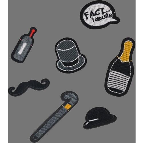 Black Moustache Bottle Embroidered Patches Iron On Letter Hat A Cane Appliques Sew On Badges 3D DIY Clothes Stickers Decor