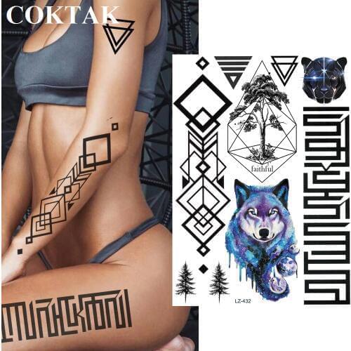 COKTAK Watercolor Blue Wolf Temporary Tattoo Black Full Arm Leg Totem Tatoo For Men Women Body Art Waterproof 3D Tattoo Sticker