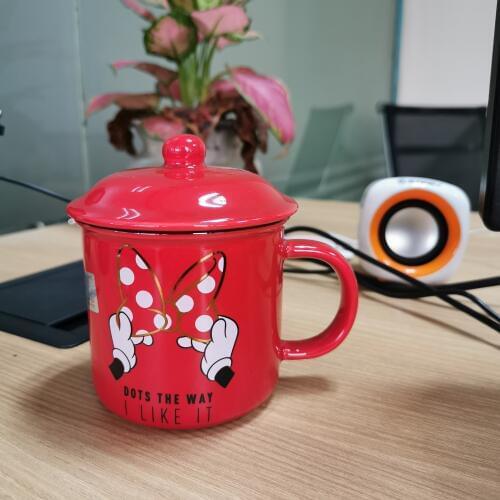 Disney Mickey Minnie Ceramic Cup Valentines Day Couple Water Cup Gift with Cover Cartoon Ceramic Cup