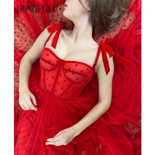 Red Polka Dots Tulle A Line Evening Dress Spaghetti Straps Tied Bow Shoulder Tea Length Party Graduation 2021 Prom Dress