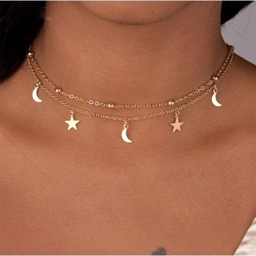 Fashion Multilayer Stainless Steel Endant Women Gold Silver Color Beads Moon Star Horn Crescent Double Chain Choker Necklaces