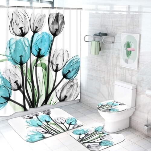 Beautiful Tulip Shower Curtain Set Bath Mats Rugs Natural Plant Pattern Bathroom Curtains Print Non-Slip Rug Toilet Lid Cover
