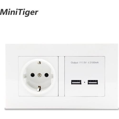 Minitiger Wall Socket EU Standard Power Outlet With Dual USB Smart Induction Charge Port For Mobile 2.1A White PC Panel
