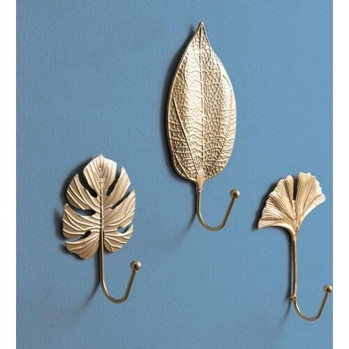 Nordic Wall Hooks for Hanging Clothes No-punch Wall Hanger Coat Key Hook Iron Art Wall Decorations Golden Leaves home storage