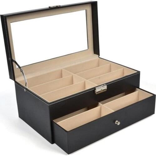 12 Grids Black Sunglass Organizer Leather Eyeglasses Collector Double-Layer Eyewear Display Case Lockable Storage Box