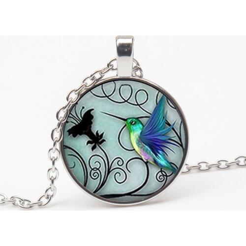 New blue hummingbird pattern necklace crystal bird decoration crystal cabochon sweater chain charm personality pattern pendant