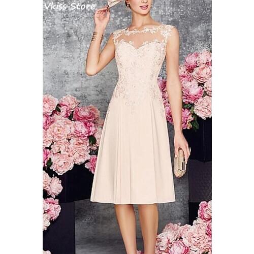 Champagne Mother Of Bride Dress Sleeveless Lace Applique Knee Length O-neck Satin With Jacket Evening Dress коктейльные платья