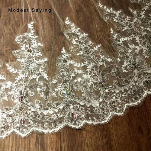 Real Photo Luxury 3.5 M 2 Layers Lace Cathedral Wedding Veils 2019 with Rhinestone Long Shiny Bridal Veils Wedding Accessories