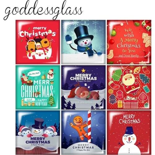 Merry Christmas Happy New Year Snowman Cute Square 10pcs 12mm/20mm/25mm/30mm glass cabochon flat back DIY Jewelry Findings