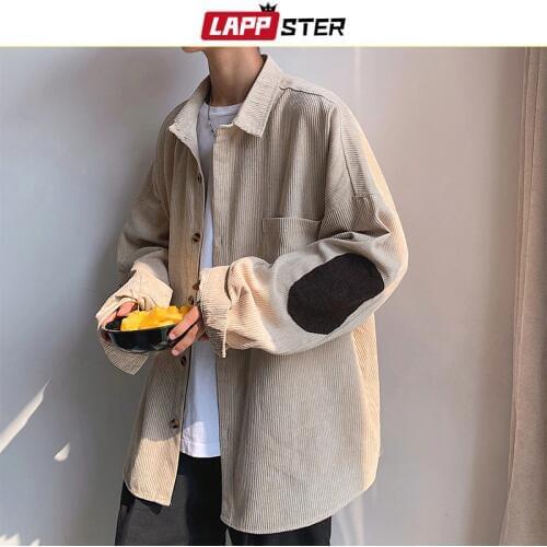 LAPPSTER Men Corduroy Patchwork Shirts 2020 Hip Hop Loose Long Sleeve Shirt Japanese Streetwear Khaki Harajuku Shirt Oversized
