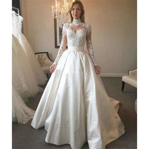High Neck Long Sleeve Wedding Dresses Sweep Train Sheer Neck Bead Satin Bridal Gowns Tiered Ruffles Customize Wedding Dress