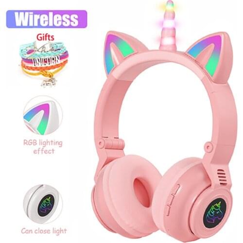 Cute Unicorn Wireless headphones for Children Girls Gaming Headset,with Mic Control RGB Light Earphone for Cell phone PC Gifts