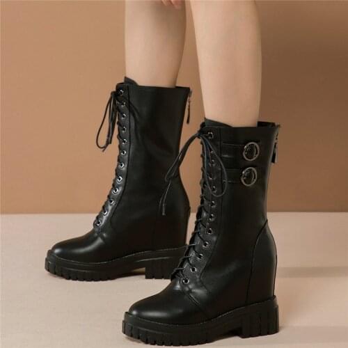 High Top Fashion Sneakers Women Lace Up Genuine Leather High Heel Pumps Shoes Female Round Toe Military Ankle Boots Casual Shoes