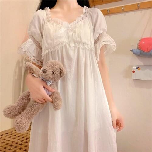 Japanese Chic Chiffon Sweet White Women Girl Pajamas Home Service Summer Kawaii Lace Bow Square Collar Mid-Calf Dresses 2021