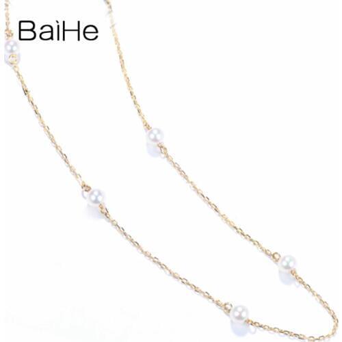 BAIHE Solid 18K Yellow Gold 3.5-4mm Natural Freshwater Pearls Trendy Wedding Jewelry Gift Beautiful pearl Necklaces