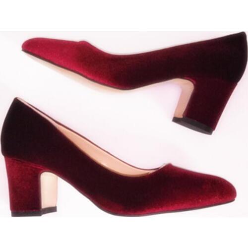 2017 new fashion wine red velvet high heel shoes round toe thick heels woman pumps spring wedding heels dress shoes
