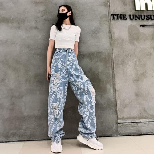 High waist wide leg hole jeans women 2021 spring and summer new fashion handsome straight jeans pants