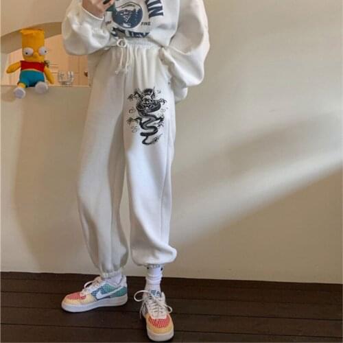 2021 Y2K Women Straight Pants Dragon Gothic Myth Print Elastic High Waist Long Trousers Korean Fashion Autumn Streetwear Outfits