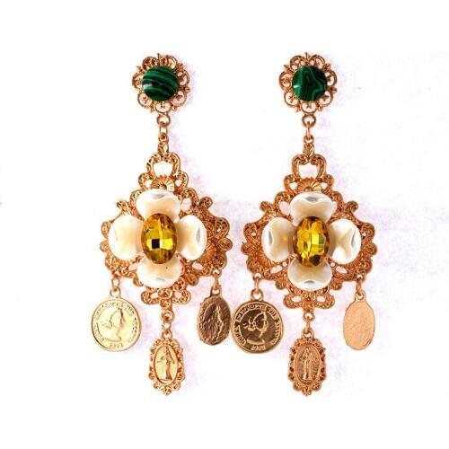 New Euramerican Palace Vintage Pop Baroque Style Brand Jewelry Coin Crystal Flowers Earrings Pendientes Womens Accessories