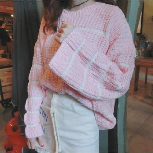 Women Pink Sweater Korean Sweet Autumn Student Striped Flare Sleeves Sweaters Women Loose casual girly style lantern sleeve