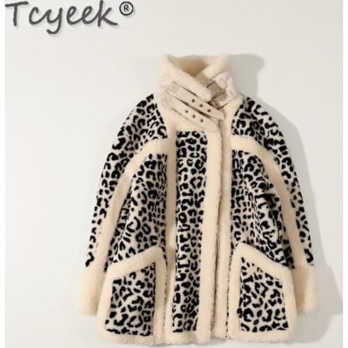 Tcyeek Sheep Shearling Coat Female Winter 2021 Motorcycle Fur Coats Leopard Womens Clothing Wool Jacket Casaco Feminino Gxy212