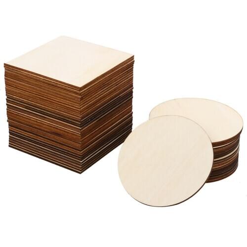 36pcs 10cm Unfinished Blank Wood Pieces Squares Round Wooden Slices for DIY Art Crafts Painting Laser Engraving Carving Coaster