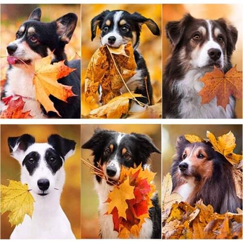 5D DIY Diamond Painting Autumn Leaves Dog Diamond Embroidery Animal Cross Stitch Full Square Round Drill Home Decor Manual Gift